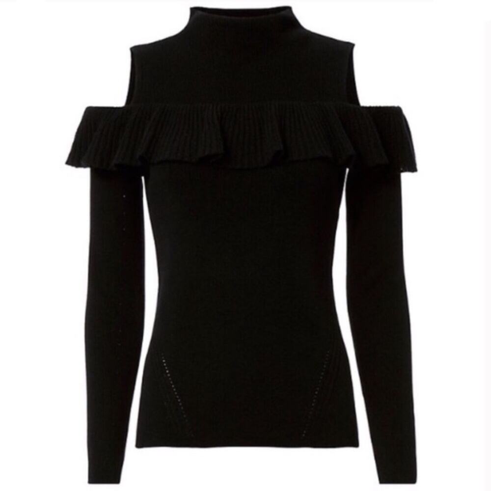 INTERMIX Kendall Ruffle Cold Shoulder Sweater -Black - Large